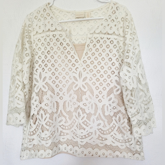 Chico's Women's Large Scale Lace +Cami Split Neck Top Ivory/Cream 2/Large - Picture 3 of 16